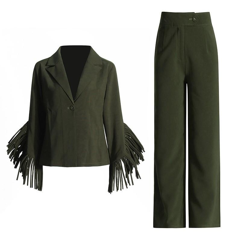 

Fashionable Commuting Two-piece Stitching Tassel Design Suit Coat + High-waist Wide-leg Pants Set Women XL зелений