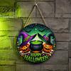 Rustic Wood Plaque Happy Halloween Front Door Hanging Sign, Retro Round Witch Hat Magic Cauldron Horror Spooky Home Accents Wooden Welcome Pendant for
