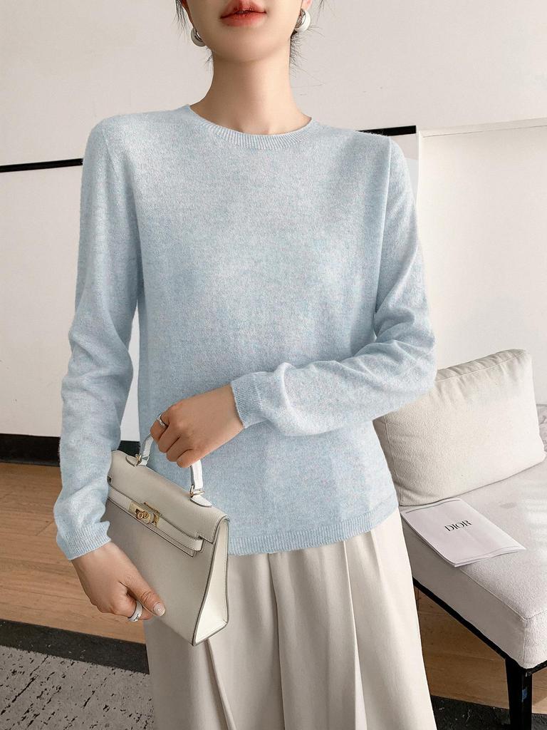 Women's 100% Cashmere Round Neck Loose Pullover Sweater, Long Sleeve, Solid Color Knitwear for Autumn/Winter