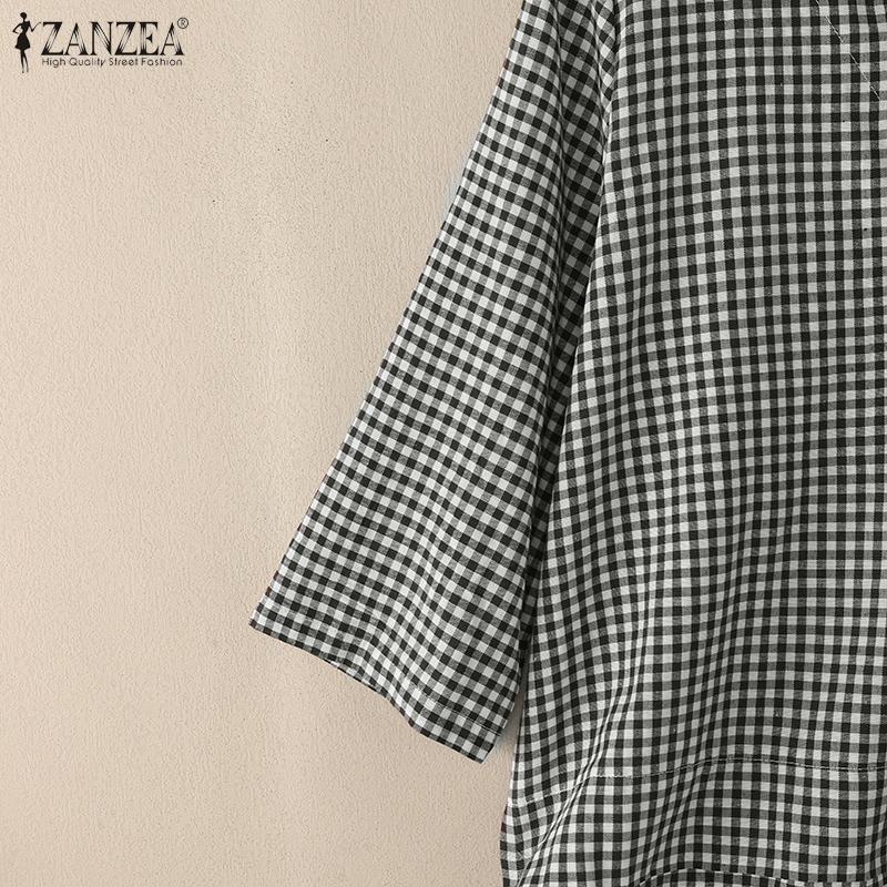 ZANZEA Bluză casual de damă cu gât în V, mâneci 3/4, croială lejeră și imprimeu carouri.