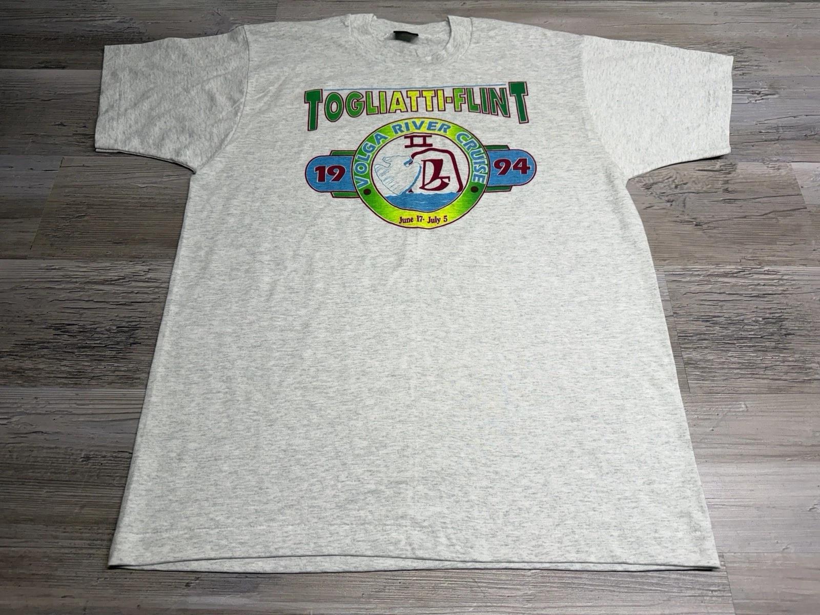

Vintage 90s Graphic T-Shirt Togliatti Flint Auto Worker Sister Cities USA Made L 4XL