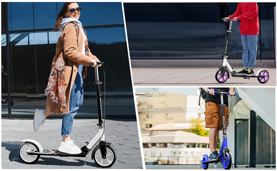 Foldable Kick Scooter for Kids and Adults, 4 Height Adjustments, Foot/Hand Brakes, 8-Inch Tires, Stand-Up Two-Wheel Vehicle