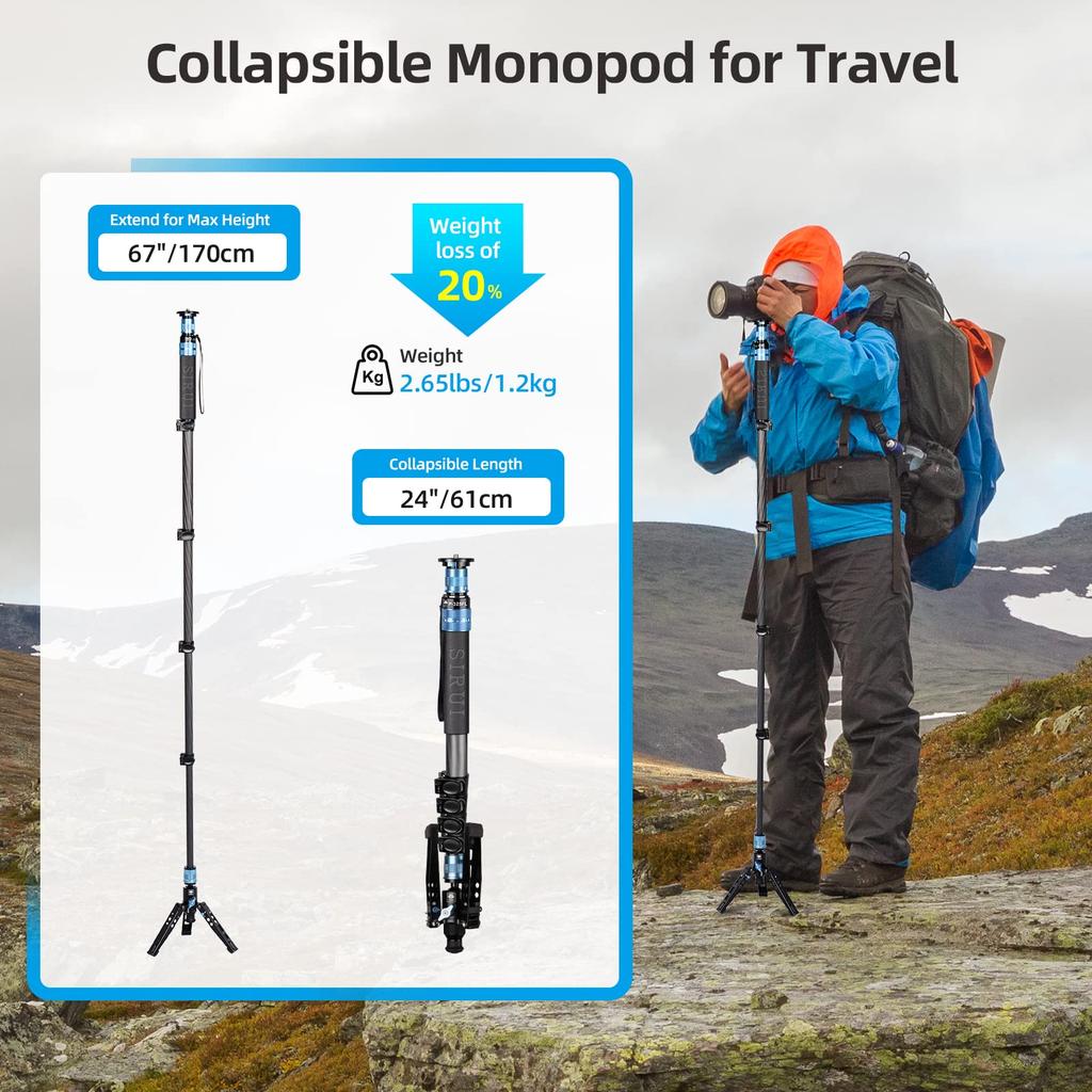 SIRUI Carbon Fiber Monopod with Professional Lightweight Travel Monopod for DSLR Maximum Load of 22 Panoramic 5 Quick Release Plate P-325FL Legs,