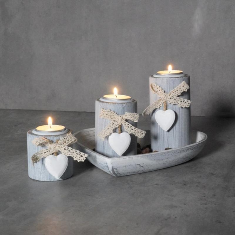 3Pcs Wood Candlestick Set Tealight Candle Holders with Romantics Heart Designs Tray and Bows Decoration for Centerpieces