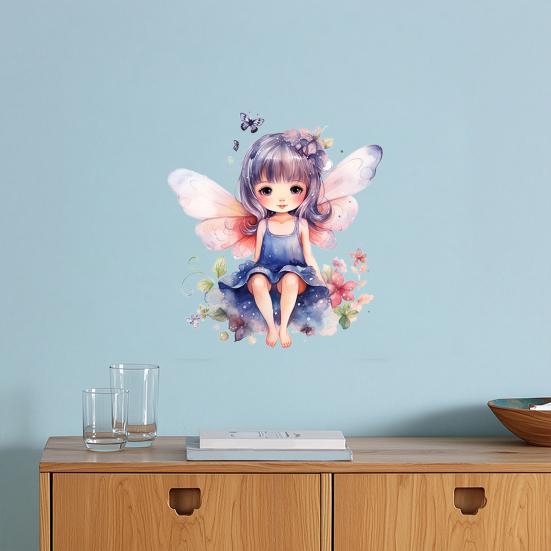 Butterfly Fairy Wall Sticker, Watercolor Purple Hair Fairy Removable Wall Decal for Girls Room, Self-Adhesive PVC Wall Art, Easy Install &