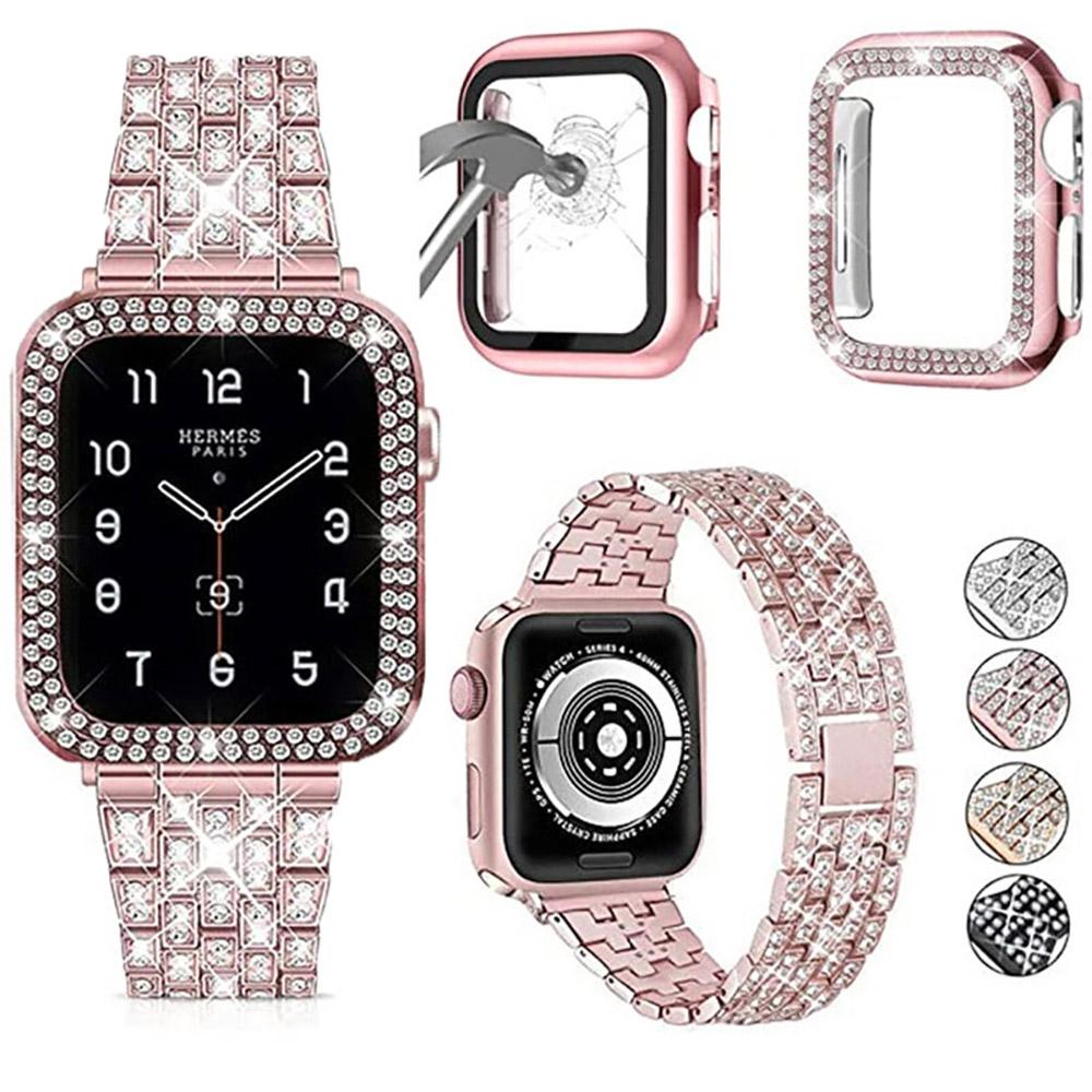 Metal Strap with Case For Apple Watch 45mm 41mm 44mm 42mm 40mm 38mm Diamond Bracelet Wristband for iWatch 9 8 7 6 5 4 3 SE Cover