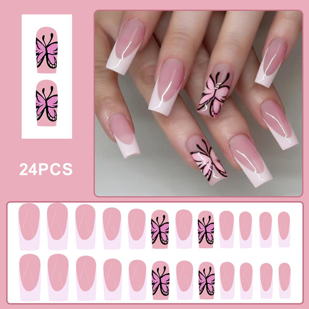 24PCS French Pink False Nails with White Tip Easy Effortless Application to Nails for Fingernail DIY Decoration