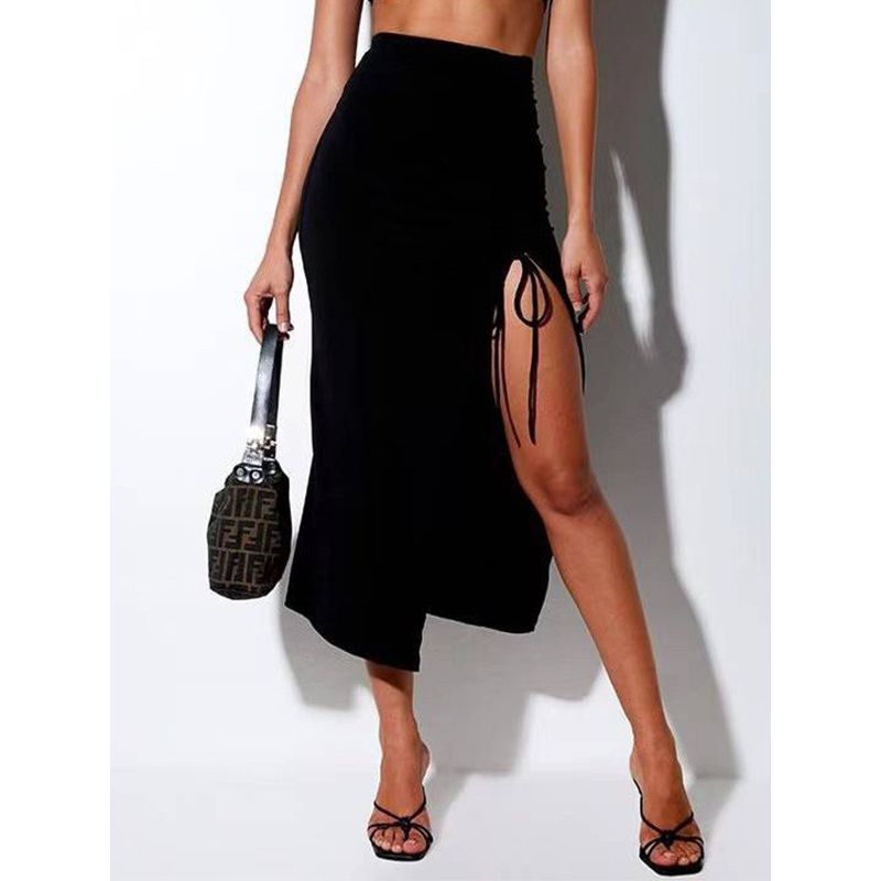 Solid Color Hip Hugging Split Skirt Pure Color High Waist Sheath Split Skirt for Women