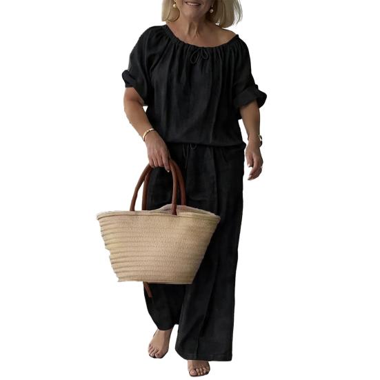 

Summer Cotton Linen 2 Piece Outfits for Women Casual Short Sleeve Drawstring Crew Neck Top And Wide-Leg Pants Lounge Matching Set XXL чорний