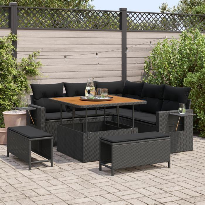 Ensemble de canapé de jardin 8 pièces avec coussins Noir Poly Rattan Acacia, Ensemble de salle à manger de jardin 3 pièces 3361734