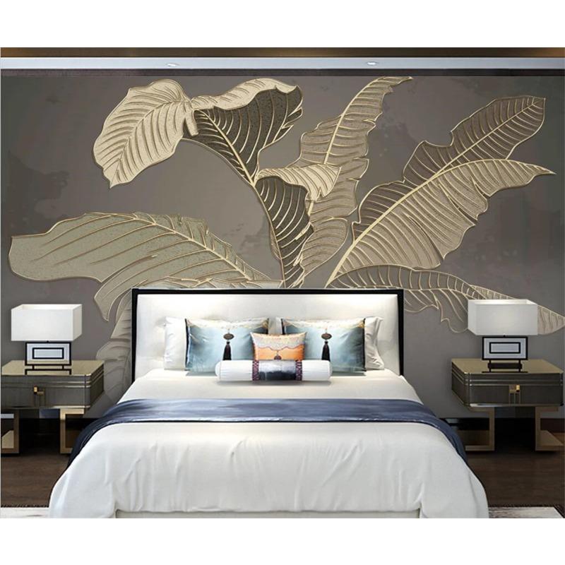 Fototapete Frunze De Banan Tapet Mural Verde Lumină De Lux, Linii De Relief Auriu Tapet Dormitor Restaurant Fototapet