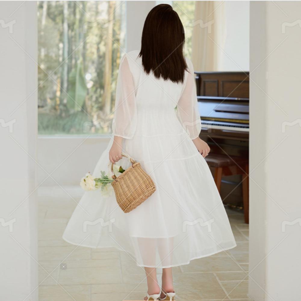 Abito Midi da Donna Scollo a V Manica a Tre Quarti Vestibilità Larga Vita Impero Elegante Monocromatico in Chiffon Taglie Forti