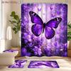 4Pcs Purple Butterfly Shower Curtain Set with Non-Slip Bath Mat, Toilet Lid Cover, Contour Rug & 12 Hooks, Bathroom Decor