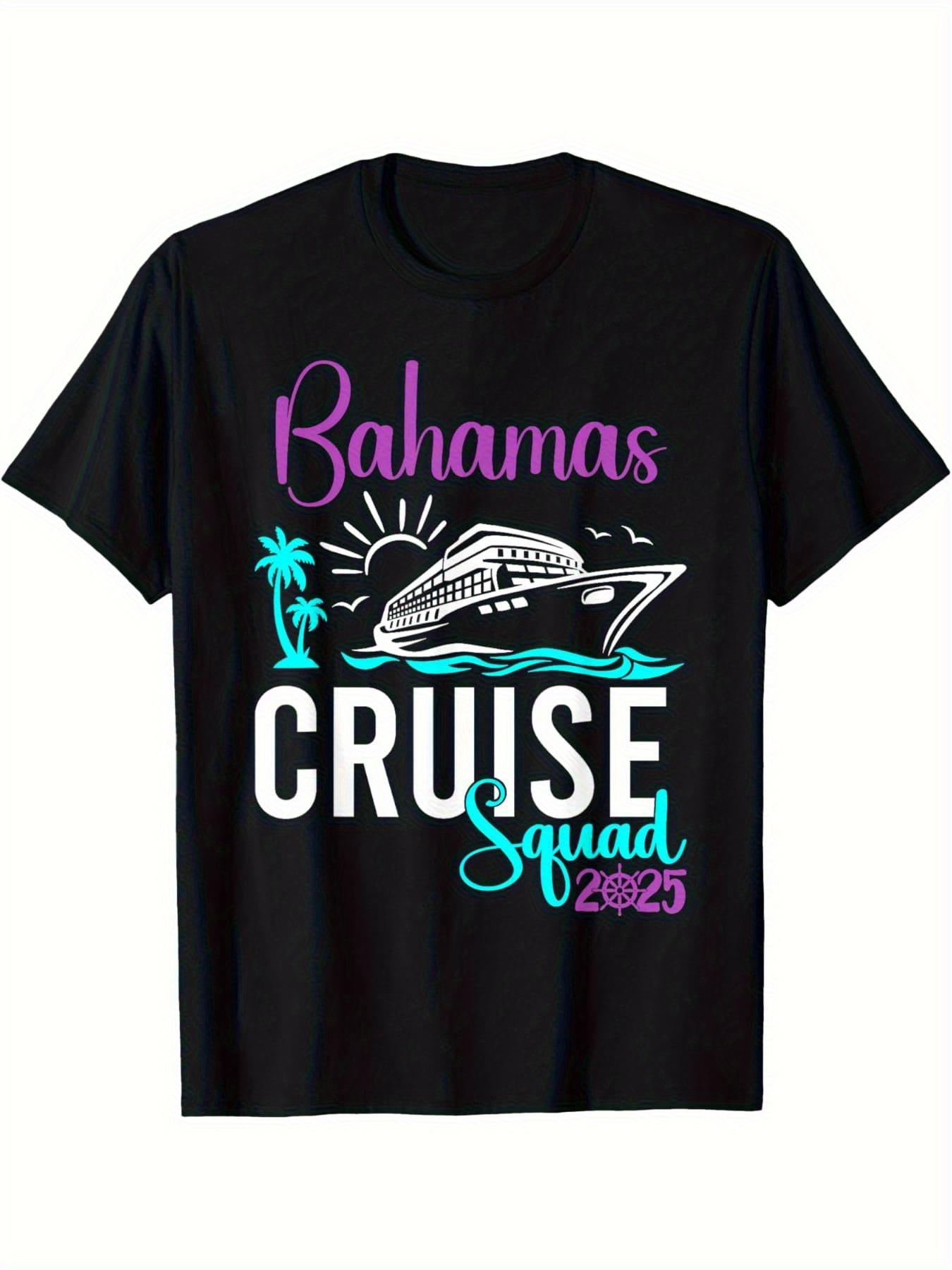 

Bahamas Cruise 2025 Graphic T-shirt - Slim Fit Cotton Crew Neck Short Sleeve Tee with Tropical Palm Tree & Wave Print L
