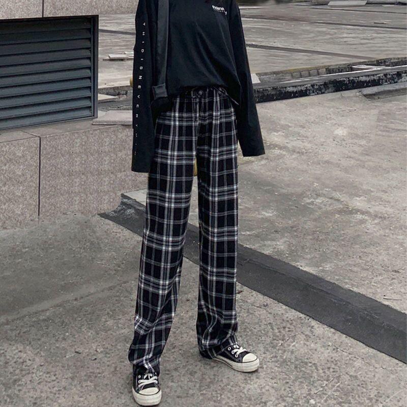 Womens High-Waisted Wide-Leg Plaid Trousers Lightweight Flowy Loose Fit Casual Pants 2026