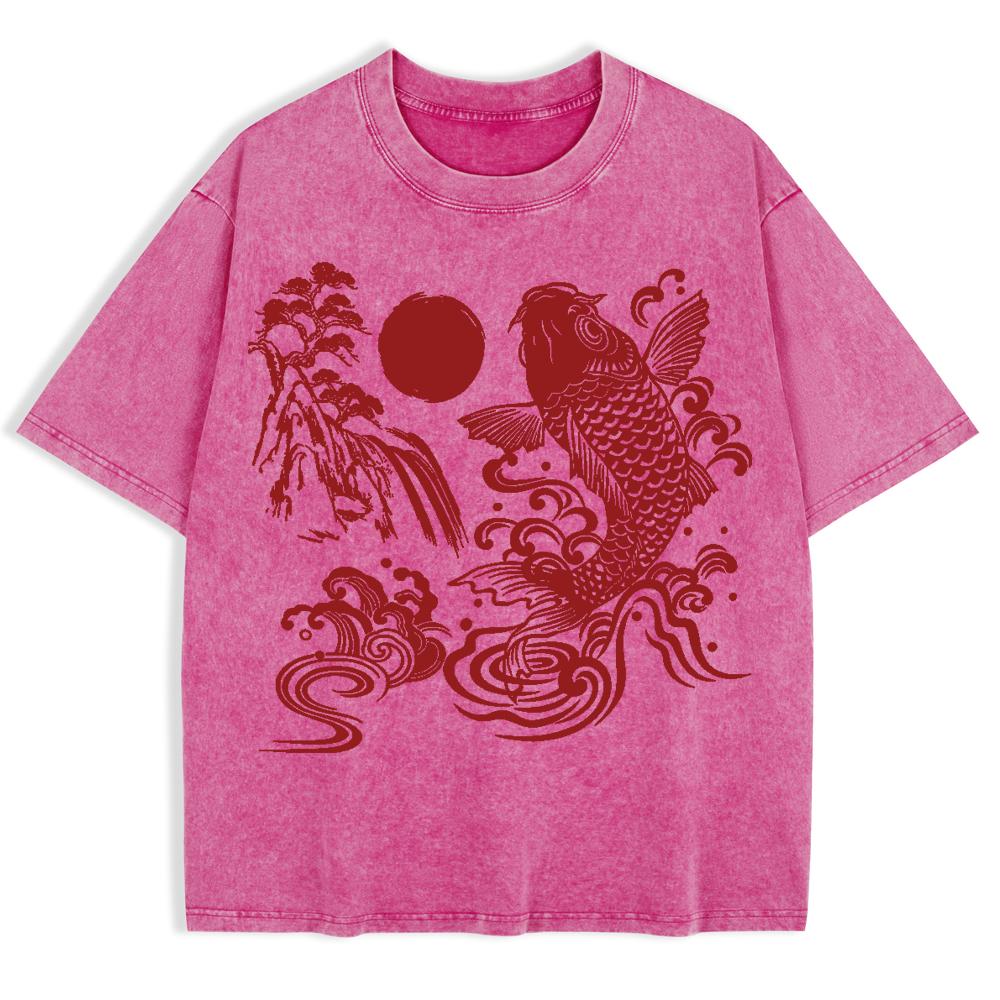 Harajuku Japanische Koi-Prints Gewaschene T-Shirts Herren Baumwolle Oversize T-Shirt Sommer Kurzarm Oberteile Freizeitkleidung