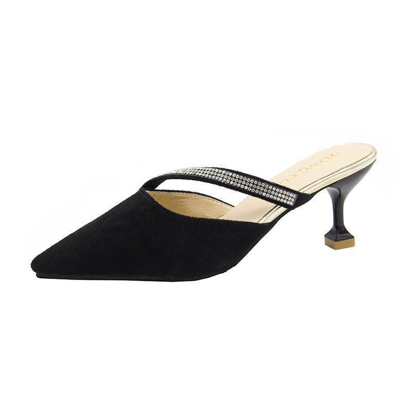 Baotou half slippers women wear 2025 summer new Korean version suede high heel Internet celebrity pointed heel rhinestone sandals