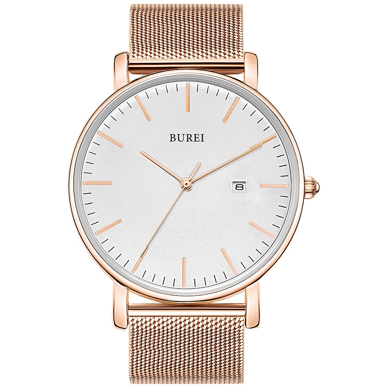 

Watch Simple Waterproof Analog Popular Watch Brand Stylish Milanese Mesh Belt Rose Gold White Watch [BUREI] Men s Men s