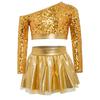 Kids Girls Jazz Dance Costume One Shoulder Long Sleeve Sequins Top with Elastic Waistband Metallic Tutu Skirt for Performance Competition