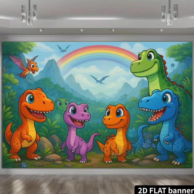 2D Zeichentrick-Dinosaurier Kulisse - Buntes Jurassic Fotografie Hintergrund Banner für Kindergeburtstag Dekoration