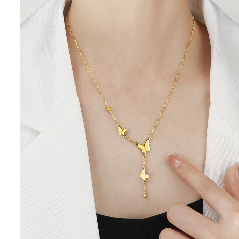 French Luxury 18K Gold Titanium Steel Necklace for Women Heart Shape Butterfly Tassel Clavicle Chain Trendy Stainless Steel