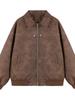 American Retro Brown Lapel Coat Women's Spring and Autumn Imitation Suede PU Couple Jacket Top