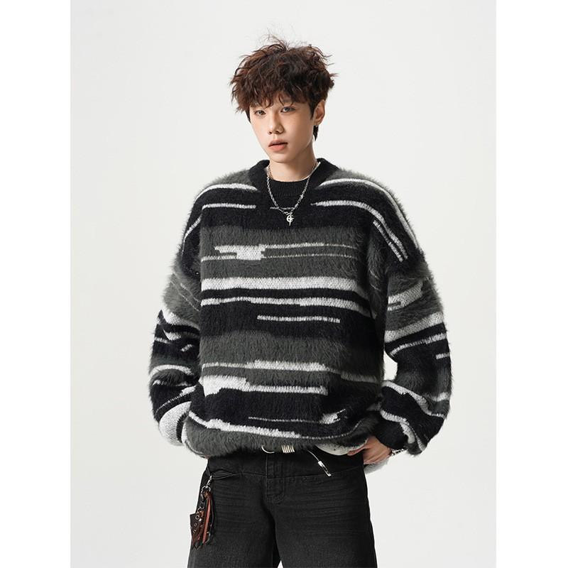 Men Women Striped Knit Sweater Loose Fit Casual Crewneck Pullover Winter
