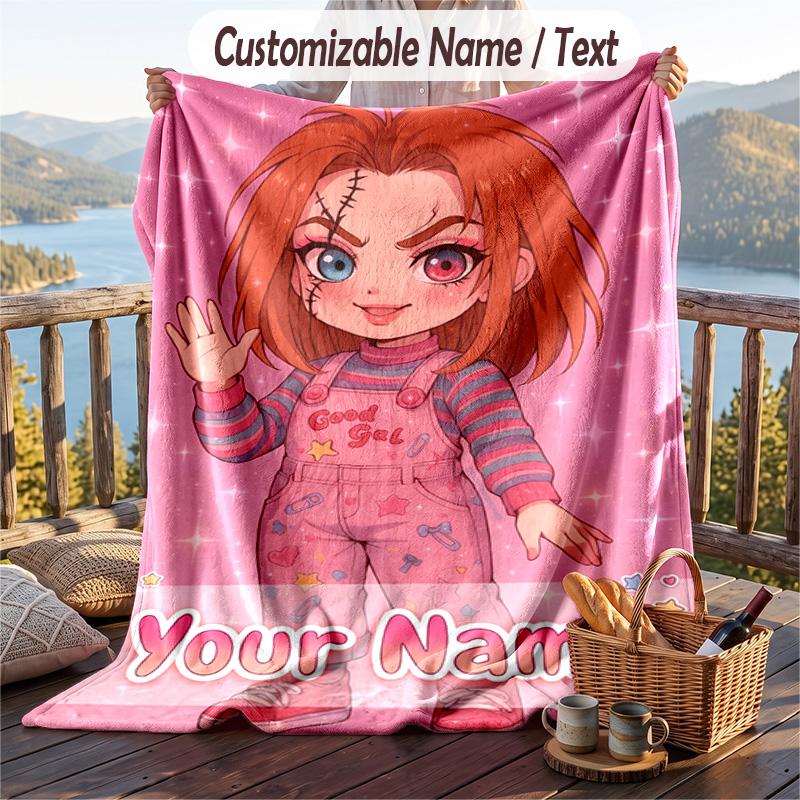 Custom Text Flannel Throw Blanket, Lightweight Cozy Bed Sofa BlanketChild's Play Chucky Tiffany
