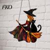 Broom Witch Acrylic Ornament Vintage Halloween Cat Decoration, Window Hanging Ornaments, Colorful Decoration Rustic Farmhouse Tree Decor, Party