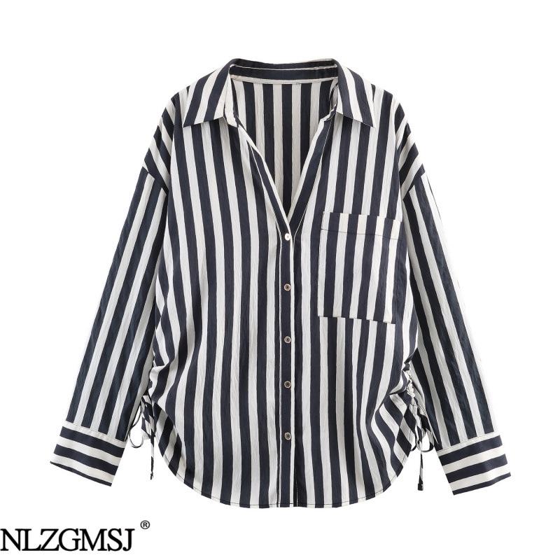 2026 Spring European American Style Lace-up Striped Shirt Small
