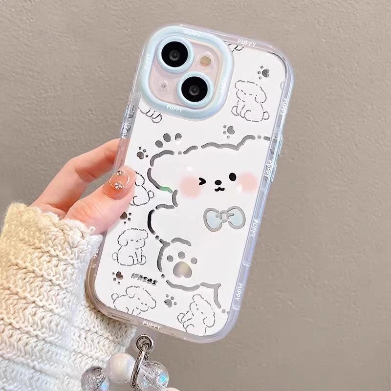 Chiot Nœud Papillon pour Coque de Téléphone Portable Apple 17promax avec Bracelet 15pro Dessin Animé Crème Miroir 14/13