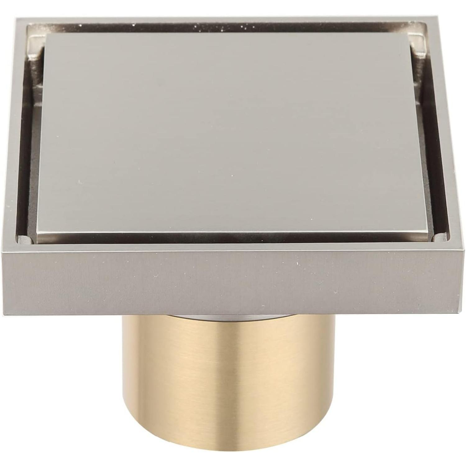 4 inch Brass Square Shower Floor Drain with Tile Insert Grate Removable Cover Hair Catcher Strainer,Anti Clogging and Odor,Nickel D2