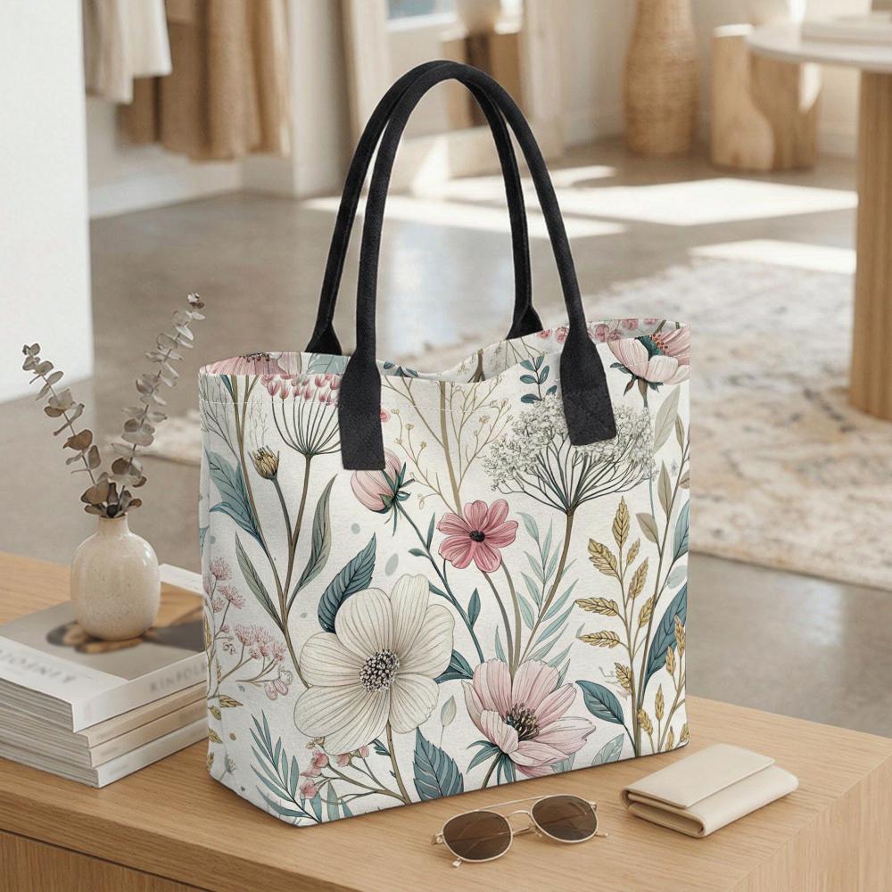 Floral Printed Canvas Tote Bag Large Casual Shopping Handbag for Daily Use
