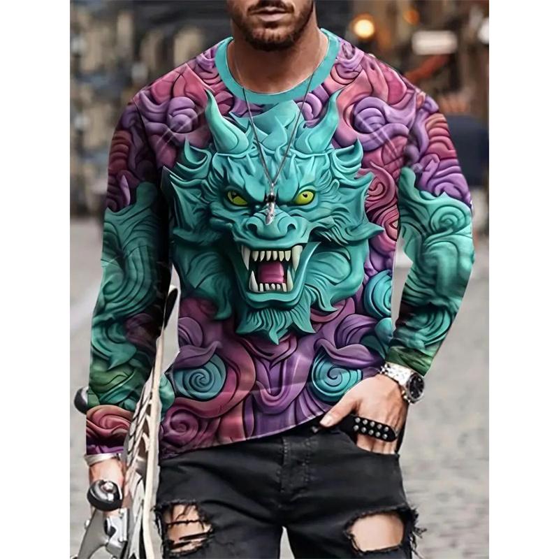3D-gedrucktes T-Shirt mit Drachen- und Adlermotiv für Herren, cooles Tiermuster, T-Shirts für den Herbst, lässig, lange Ärmel, O-Ausschnitt, lose T-Shirts