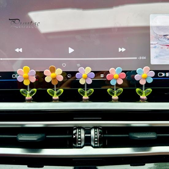 Car Aesthetic Decor 5Pcs Colorful Shaking Flower Decor, Resin Rainbow Sunflower Dashboard Ornament Cute for Teens with Non Slip Pad, Wobble