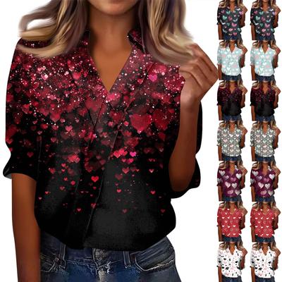 Women's 3/4-Sleeve V-Neck Shirt Printed Workwear Casual Regular Shirt Collar Top
