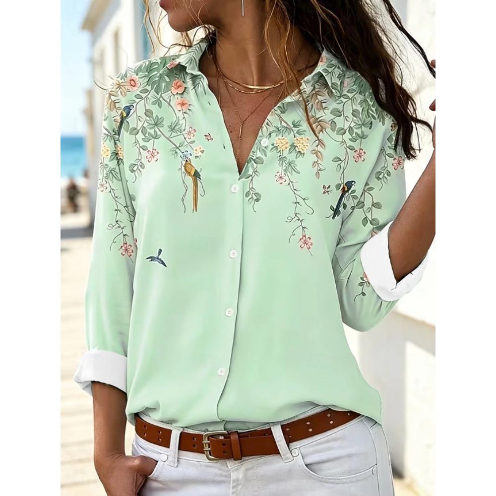 Floral Print Women Blouse Spring Autumn Femme Office Lady Button Up Turn Down Collar Shirts