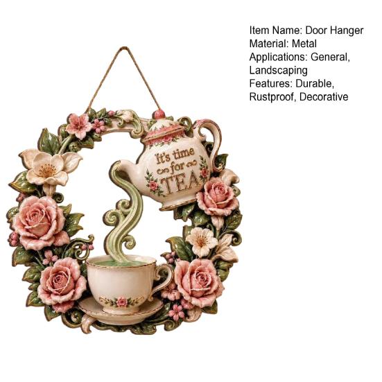Yard Art Sculptures It's Time for Tea Door Sign, Metal Floral Wreath Hanger with Teapot Teacup Design, Windowsill Rustic Wall Decor Kitchen