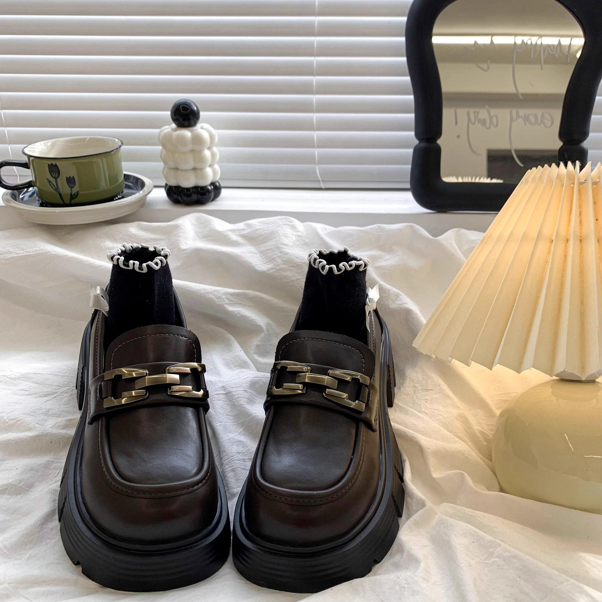 

2025 spring new versatile French round head thick heel platform British single shoes black retro loafer small leather shoes women 40 коричневый