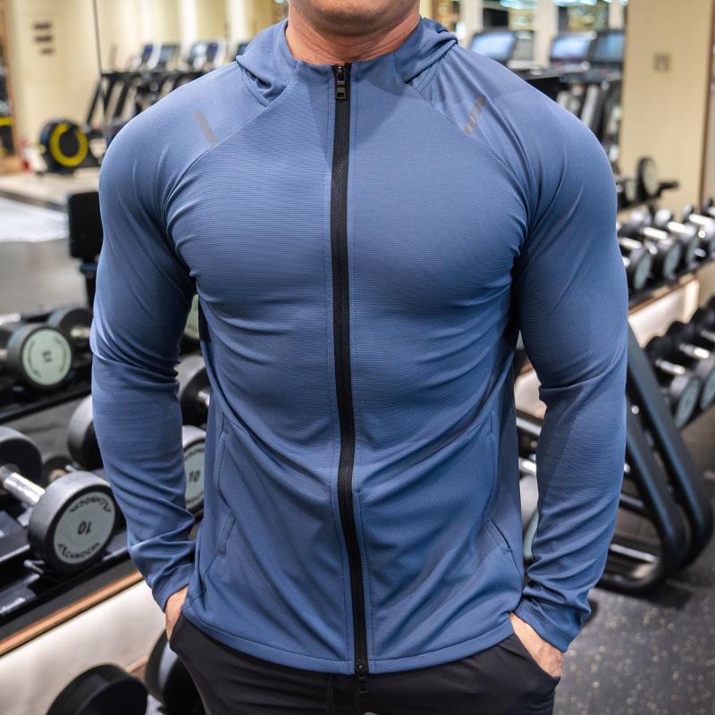 

Мужская спортивная повседневная куртка с капюшоном для баскетбола, фитнеса, тренировок, с длинным рукавом, эластичная, облегающая, спортивная одежда для бега, быстросохнущая, топ L синий