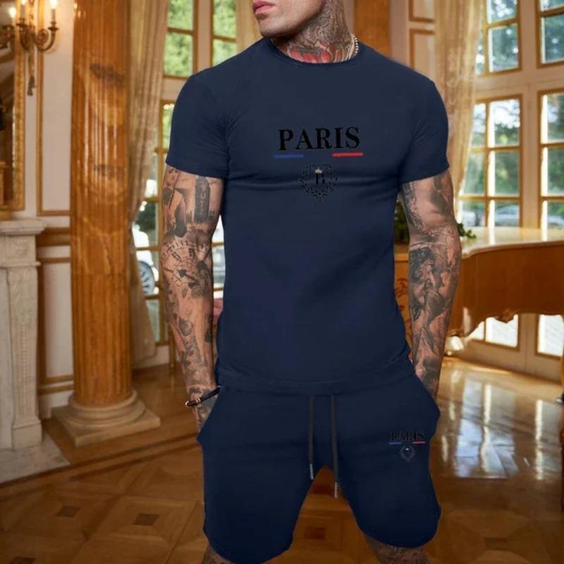 

2026New Summer Men s Fashion Short sleeved T-shirt+Split Shorts 2-piece Set of Sportswear Fashion Jogging Casual Men s Set XL