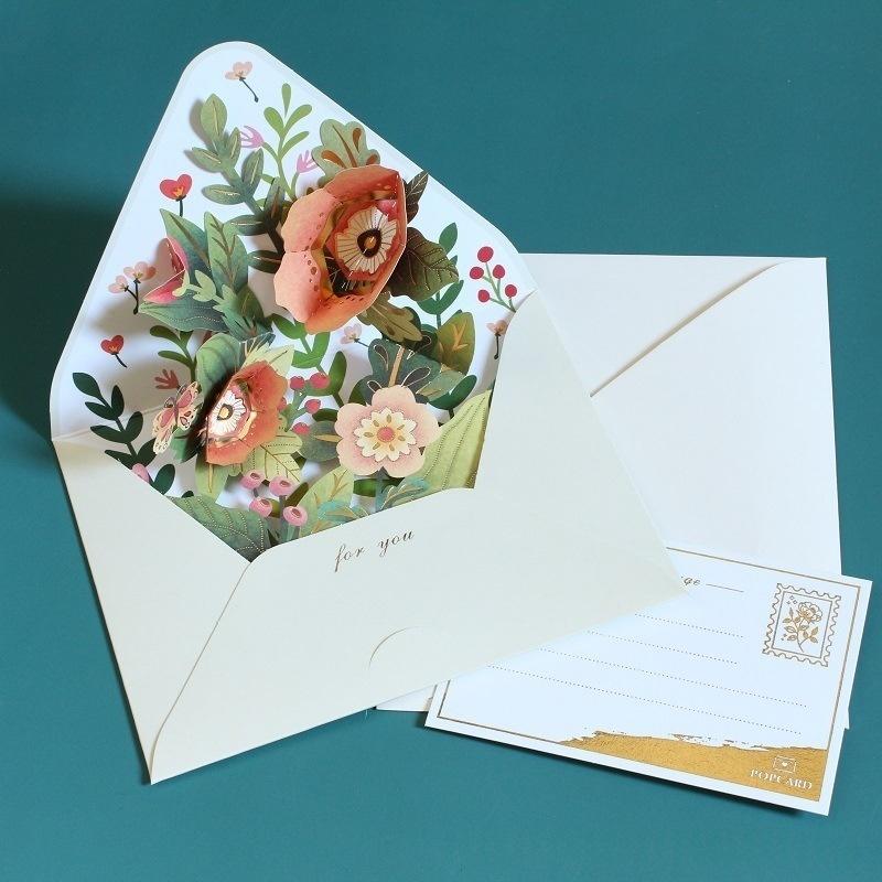 Romantic 3D Pop-up Flower Greeting Cards Birthday Christmas Postcard with Envelope Paper Cards Set for Wedding Party Decor Gifts
