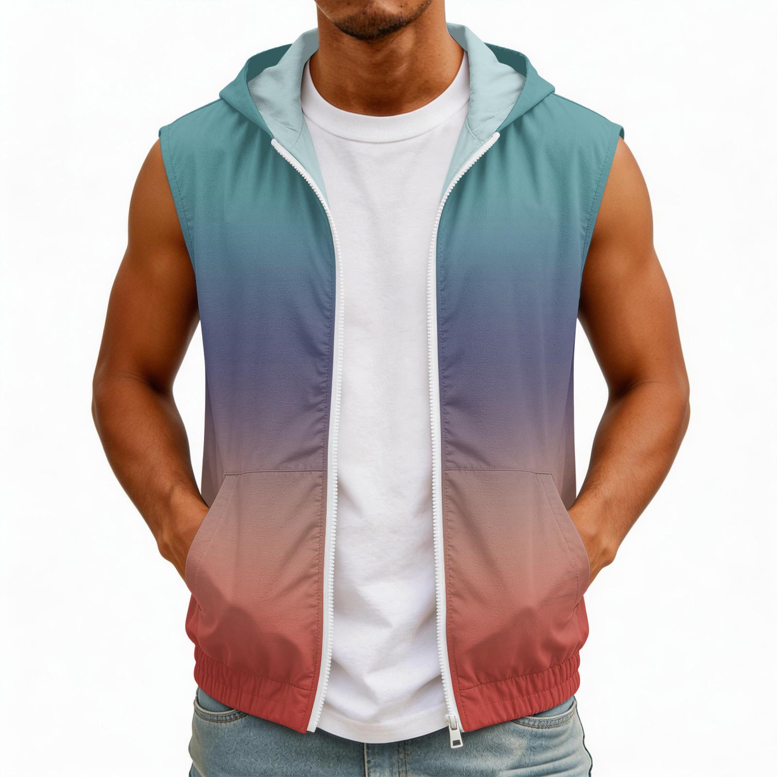 

Men s Sleeveless Hooded Sun Protection Vest Gradient Print Lightweight with Pockets Breathable Outdoor Layered Shirt for Summer M