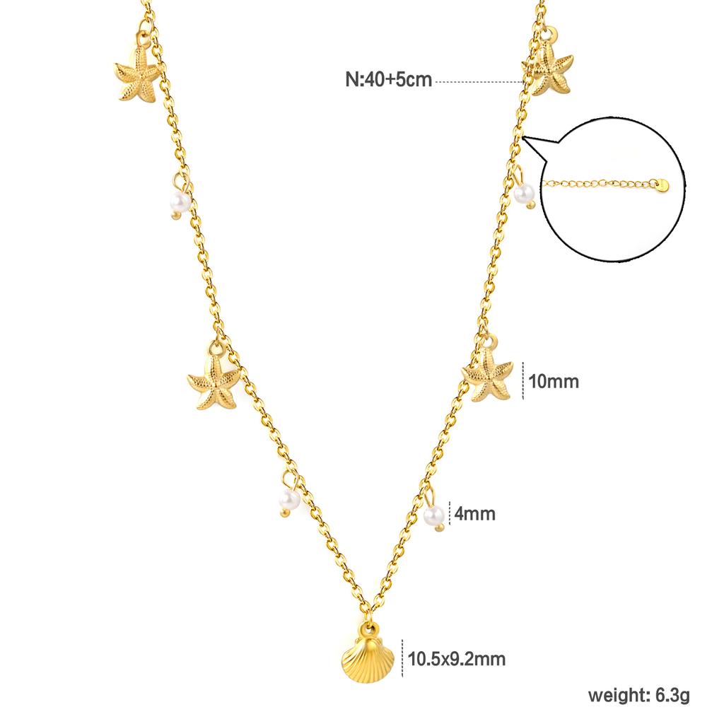 18K Gold PVD Stainless Steel Ocean Charm Necklace Set Shell Starfish Pearl Snake Layered Waterproof Jewelry for Women