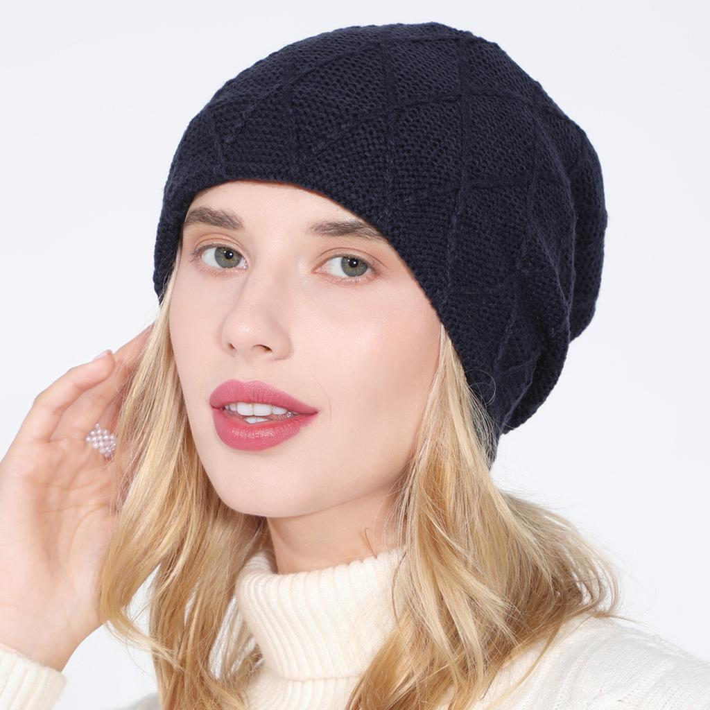 New Men's and Women's Knitted Pullover Solid Color Grid Rhombus Plus Velvet Woolen Hat Autumn and Winter Ear Protection Pile Hat