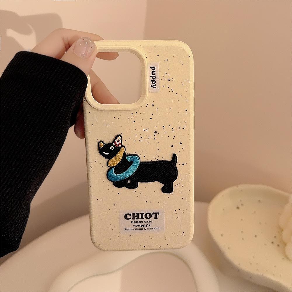Cute Embroidered Dachshund Dog 17pro Max Apple 16 Mobile Phone Case Three Dimensional Silicone Iphone14 Suitable for 13