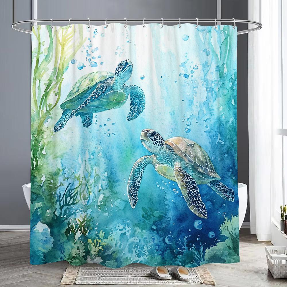 Sea Turtle Shower Curtain, Beach Coastal Sea Turtle Starfish Jellyfish Underwater Creatures Bathroom Decorative Shower Curtains