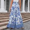 Women's Mid Waist Digital Printed Pocket Design Loose Wide Leg Casual Long Pants