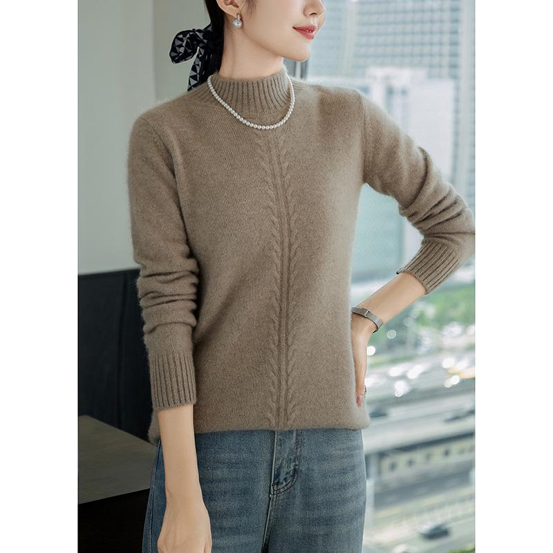 Women's Cashmere Cable Knit Top: Half-High Neck, Loose Fit, Warm Slimming Base Layer for Autumn and Winter