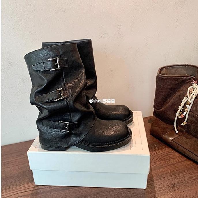 [Grape Mom same Spice Girl Pants Boots~ 6cm Height Increasing Buckle Mid Tube Western Knight Boots Women's Pile Short Boots